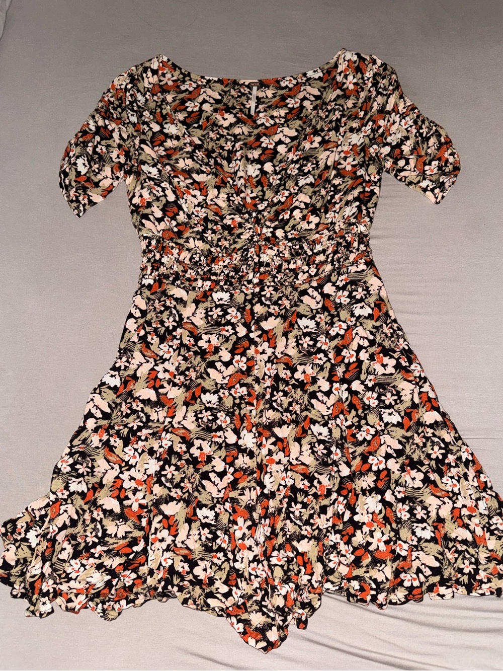 Free People Black Floral Mini Dress with Cream and Orange Accents